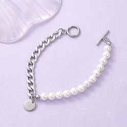 Нержавеющая Сталь Цвет Плоские круглые 304 из нержавеющей стали браслеты шарма, 304 браслеты из кубинских цепочек из нержавеющей стали с бусинами из ракушек и жемчуга для женщин, цвет нержавеющей стали, 7-5/8 дюйм (19.5 см)