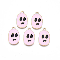 Бледно-Розовый Подвески из эмали и сплава, без кадмия, без никеля и без свинца, золотой свет, для Хэллоуина, череп, розовый жемчуг, 25x15x1.5 мм, отверстие : 1.8 мм