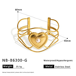 Настоящее золото 18K Полые браслеты-манжеты из хирургической нержавеющей стали с имитацией жемчуга для женщин., сердце, реальный 316 k позолоченный, внутренний диаметр: 18 дюйм (2.36 см)