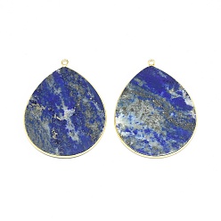 Lapis Lazuli Dyed Natural Lapis Lazuli Pendants, with Brass Findings, Drop, Golden, 42~44x33~35x2.5mm, Hole: 2mm