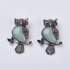 Зеленый Авантюрин Gemstone подвеска, со сплавочной фурнитурой, и горный хрусталь, сова, 50x35x7.5~9 мм, отверстие : 5x8 мм
