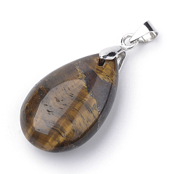 Tiger Eye Natural Tiger Eye Pendants, with Alloy Findings, teardrop, Platinum, 23~24x14x8mm, Hole: 4x5mm