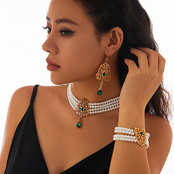 Изумруд Ожерелье с подвеской из сплава со стеклянными стразами в форме капли, серьги-гвоздики и браслет, золотые, изумруд, 400 мм