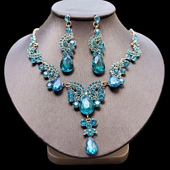 Индиколит Ожерелья и серьги-гвоздики из сплава со стразами в форме капли, золотые, Indicolite, 540~550 мм