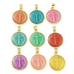(52) Непрозрачная лаванда Подвески из латуни с эмалью в стойку, без кадмия и без свинца, реальный 18 k позолоченный, долговечный, плоский круглый с узором священника, разноцветные, 21x18x2.5 мм, отверстие : 3.5x4.5 мм