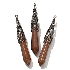 Камень с Пылевым Золотом Синтетический авантюрин отметил большие подвески, граненые брелоки-пули с латунной фурнитурой, Красная медь, без кадмия и без свинца, 77~84x12 мм, отверстие : 2.5 мм