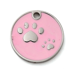 Бледно-Розовый 304 подвески из нержавеющей стали, с эмалью, плоский круглый с подвеской в виде отпечатка лапы, розовый жемчуг, 15x1.5 мм, отверстие : 1.6 мм