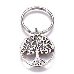 Mixed Stone Natural & Synthetic Mixed Stone Keychain, with Stainless Steel Split Rings and Alloy Pendant, Flat Round with Tree of Life, 55mm, Pendant: 28x25.5x5~6mm, 9pcs/set