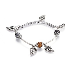 Tiger Eye 304 Stainless Steel Charm Bracelets, with Natural Tiger Eye Beads, Natural Labradorite, Natural Sandalwood, Alloy Finding, Leaf, 7-5/8 inch(19.5cm)