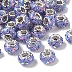 Средний Фиолетовый Прозрачные европейские бусины-рондель из смолы, с лунными блестками и латунными сердечниками платинового тона, бусины с большим отверстием, средне фиолетовый, 14x8.5 мм, отверстие : 5 мм