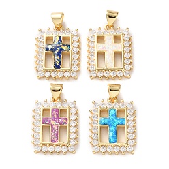 (52) Непрозрачная лаванда Латунные микропаве прозрачные подвески с фианитом, без кадмия и без свинца, с синтетическим опалом, реальный 18 k позолоченный, прямоугольный, крест прелести, с целью перехода в кольце, разноцветные, 20.5x15x2.5 мм, отверстие : 5x3.5 мм