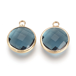 Кадет Синий Стеклянные подвески, с латунной фурнитурой , граненые, плоско-круглые, кадетский синий, 9.5x6.5x2.5 мм, отверстие : 2 мм