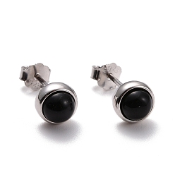 Black 925 Sterling Silver Stud Earrings, Half Round Black Agate Earrings for Women, Platinum, Black, 15x6mm, Pin: 0.7mm