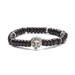 Black Coconut Shell Beaded Stretch Bracelet with Alloy Lion for Women, Black, Inner Diameter: 2-1/4 inch(5.6cm)