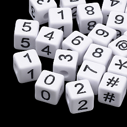 Белый Непрозрачные акриловые бусины, куб с номером, белые, 10x9.5x9.5 мм, Отверстие : 3.5 мм , около 550 шт / 500 г