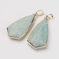 Flower Amazonite Natural Flower Amazonite Pendants, with Golden Tone Brass Findings, Triangle, Fceted, 34~35x16~17x6~7mm, Hole: 4x5.5mm