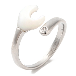 Real Platinum Plated Natural Shell Spanner Open Cuff Ring with Cubic Zirconia, Brass Rings for Women, Cadmium Free & Nickel Free & Lead Free, Real Platinum Plated, Inner Diameter: 18.2mm