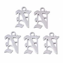 Letter N Устойчивые к потускнению 201 подвески из нержавеющей стали, лазерная резка, старый английский, алфавит, цвет нержавеющей стали, letter.n, 18x12x1 мм, отверстие : 2 мм