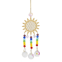 Солнце Полые подвесные украшения из сплава, Железная цепочка и разноцветные стеклянные круглые бусины с кисточкой для украшения дома и сада, солнце, 330 мм