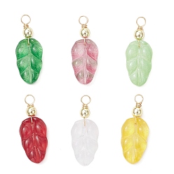 Золотой Градиентные цветные стеклянные подвески с краской для выпечки, лист, с экологически чистой медной проволокой, золотые, 28x11x4.5 мм, отверстие : 3.2 мм
