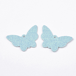Turquoise Foncé Pendentifs en cuir pu, avec poudre scintillante double face, papillon, turquoise foncé, 32.5x48x1.5~2mm, Trou: 2.5mm