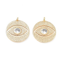 Plaqué 18K Or Véritable Pendentifs en laiton zircon cubique transparent, rond plat avec breloques mauvais œil, réel 18 k plaqué or, 18x16x4mm, Trou: 1.6mm
