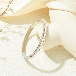 Couleur Acier Inoxydable Perles de culture d'eau douce naturelles et bracelets manchettes articulés en acier inoxydable, blanc, couleur inox, diamètre intérieur: 201 pouce (1.97x2.36 cm)