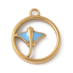 Небесно-голубой 304 нержавеющей стальной эмали подвески, золотые, кольцо со скатом манта, голубой, 21x18x3 мм, отверстие : 2 мм