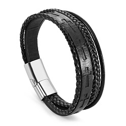 Noir Bracelets en cordon de cuir tressé multicouche, avec boucles magnétiques, noir, 8-1/4 pouce (21 cm)