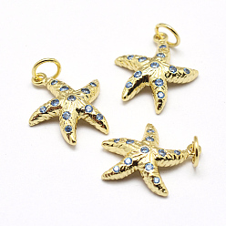 Real 18K Gold Plated Brass Micro Pave Grade AAA Cubic Zirconia Pendants, Starfish/Sea Stars, Lead Free & Nickel Free & Cadmium Free, Real 18K Gold Plated, 17x14x3mm, Hole: 3mm