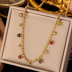 Золотой 304 Женские нагрудные ожерелья из нержавеющей стали с разноцветными круглыми кисточками и кубическими цирконами, золотые, 15.94 дюйм (40.5 см)