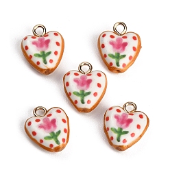 Deep Pink Handmade Porcelain with Brass Pendants, Heart with Tulip Charms, Hand Painted, Famille Rose Porcelain, Golden, Deep Pink, 16.5~19x15.5x7mm, Hole: 2.5~3mm