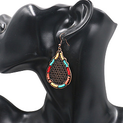 Red Copper Bohemian Style Alloy Dangle Earrings, with Seed Beads, Teardrop, Colorful, Red Copper, 65x32mm