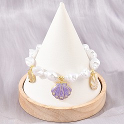 Chapado en Oro Real 18K Pulseras con dijes en forma de concha de ciruela, con micro pavé de circonitas cúbicas transparentes y esmalte, para mujer., con cuentas de perlas keshi de imitación de ABS, chapado en rack, larga duración plateado, sin plomo y cadmio, real 18 k chapado en oro, 7.76 pulgada (19.7 cm)