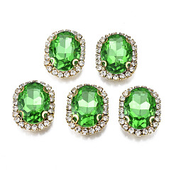 Lime Green Sew on Rhinestone, Transparent Glass Rhinestone, with Brass Prong Settings, Faceted, Oval, Lime Green, 22x17x7mm, Hole: 0.9mm