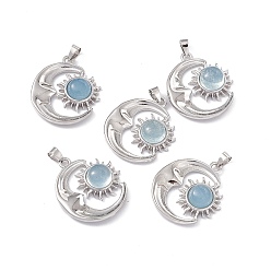Аквамарин Подвески из натурального аквамарина, луна очаровывает солнцем, с платиновой фурнитурой латунного цвета, 26.5~27x23~23.5x6 мм, отверстие : 4x3.5~4 мм
