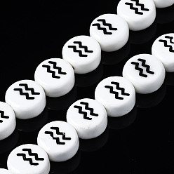 Aquarius Handmade Porcelain Ceramic Beads Strands, Printed, Flat Round with Constellation, Aquarius, 10~11x5mm, Hole: 2mm, about 30pcs/strand, 11.81 inches(30cm)