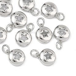 Real Platinum Plated SHEGRACE Brass Clear Cubic Zirconia Charms, Flat Round with Star Pattern Charms, Cadmium Free & Lead Free & Nickel Free, Real Platinum Plated, 9.5x8x2.5mm, Hole: 2.5mm