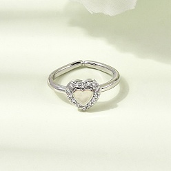 Платина Латунные микропаве кубические цирконии манжеты открытые кольца для женщин, сердце, стойки покрытие, без кадмия и без свинца, долговечный, платина, 9x9.5 мм, внутренний диаметр: 16 мм