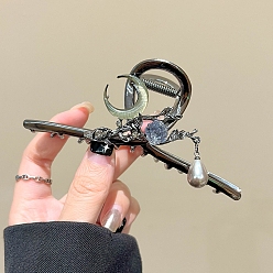 Черный Цвет Металла Заколки для волос кошачий глаз, аксессуары для волос из сплава для женщин и девочек, луна и ветвь, металлический черный , 110 мм