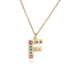 Letter F Ожерелья с подвесками-инициалами из латуни и разноцветными кубическими цирконами для женщин, реальный 18 k позолоченный, Буква F, 17.72 дюйм (45 см), Кулон : 23x13 мм