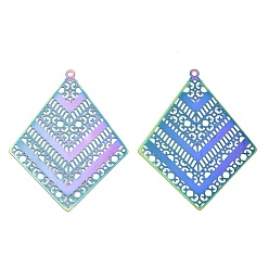 Rainbow Color 304 из нержавеющей стали большие кулоны, гравированные металлические украшения, ромбовидный шарм, Радуга цветов, 50x40x0.3 мм, отверстие : 1.6 мм