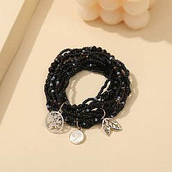 Черный 3шт. браслеты с подвесками из сплава, многорядные браслеты из стеклянных бусин для женщин, золотые, чёрные, 2-1/8~3 дюйм (5.5~7.5 см)