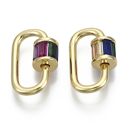 Colorful Brass Micro Pave Cubic Zirconia Screw Carabiner Lock Charms, for Necklaces Making, Oval, Nickel Free, Real 16K Gold Plated, Colorful, 20x13x2mm, Screw: 7x7mm