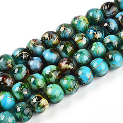 Голубой Выпечки нарисованных стеклянных бусин прядей, волочильных стиле, круглые, голубой, 7.5~8 мм, отверстие : 1.2 мм, около 102~119 шт / нитка, 29.53~34.25 дюйм (75~87 см)