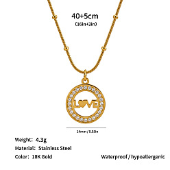 Word 304 Stainless Steel Crystal Rhinestone Ring Pendant Necklaces, Real 18K Gold Plated, Word LOVE, 15.75 inch(40cm)