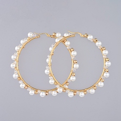 Золотой Серьги-кольца с бусинами, с белыми стеклянными жемчужными бусинами и 304 серьгами-кольцами из нержавеющей стали., прозрачные стеклянные бусы и латунные бусы, кольцо, золотые, 76 мм , штифт: 0.8 мм