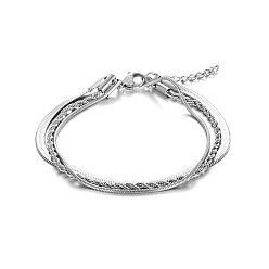 Нержавеющая Сталь Цвет Стильные трехслойные браслеты из нержавеющей стали, браслеты с цепочками в виде елочки, веревки и змейки для женщин, цвет нержавеющей стали, 6-3/4 дюйм (17 см)