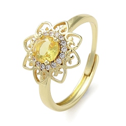 Golden Brass with Cubic Zirconia Adjustable Rings, Flower, Golden, Inner Diameter: 19.6mm