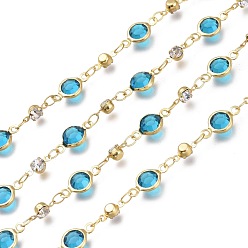 Темно-Голубой Латунные соединительные цепи ручной работы, С граненым стеклом, горный хрусталь и шпуля, пайки, долговечный, плоско-круглые, золотые, глубокое синее небо, стеклянные звенья: 13x6.5x3 мм, горный хрусталь ссылки: 8x4x3.5мм, ссылка: 4.5x2.5x0.4 mm, около 32.8 футов (10 м) / рулон